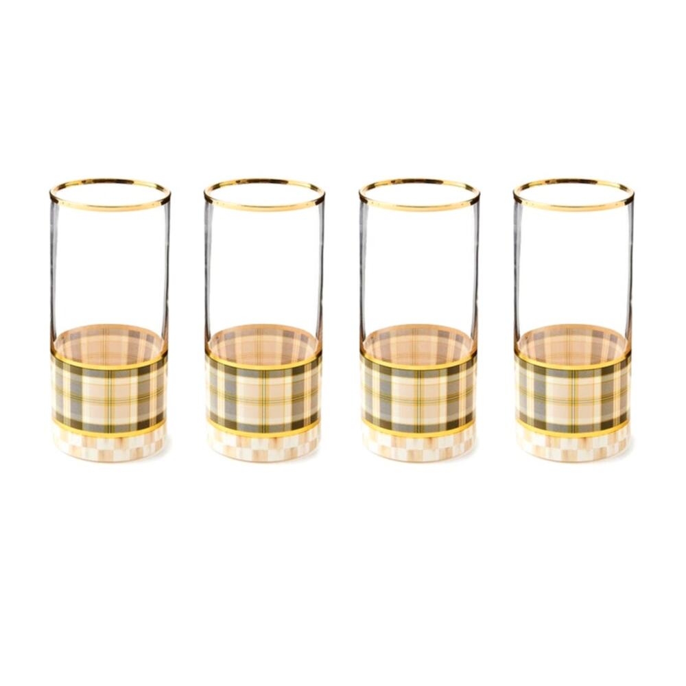 NEW Mackenzie-Childs Tartan Mocha Highball Glassware, Set of 4